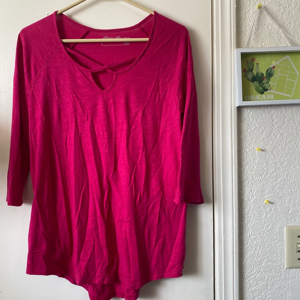 Eddie Bauer Womens Pink Criss Cross Neck 3/4 Sleeve Top Shirt